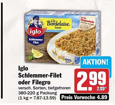 Iglo Schlemmer-Filet oder Filegro versch. Sorten, tiefgefroren 380-220 g Packung (1 kg = 7.87-13.59)