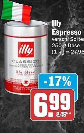 Illy Espresso versch. Sorten 250 g Dose (1 kg = 27,96