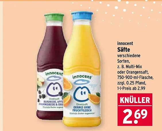 innocent Säfte verschiedene Sorten, z. B. Multi-Mix oder Orangensaft, 750-900-ml-Flasche, zzgl. 0.25 Pfand, 1-l-Preis ab 2.99