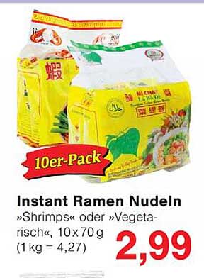 Instant Ramen Nudeln »Shrimps« oder »Vegetarisch«, 10 x 70 g (1 kg = 4,27)