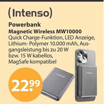(Intenso) Powerbank Magnetic Wireless MW10000 Quick Charge-Funktion, LED Anzeige, Lithium-Polymer 10.000 mAh, Ausgangsleistung bis zu 20 W bzw. 15 W kabellos, MagSafe kompatibel