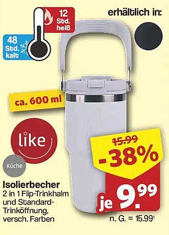 Isolierbecher 2 in 1 Flip-Trinkhalm und Standard-Trinköffnung, versch. Farben