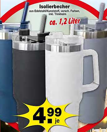 Isolierbecher aus Edelstahl/Kunststoff, versch. Farben, inkl. Trinkhalm ca. 1,2 Liter