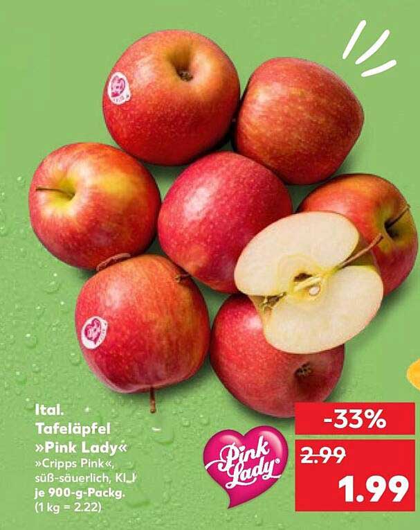 Ital. Tafeläpfel »Pink Lady« »Cripps Pink«, süß-säuerlich, Kl. J, je 900-g-Packg. (1 kg = 2.22)