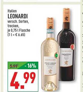Italien LEONARDI versch. Sorten, trocken, je 0,75 l Flasche (1 l = € 6.65)