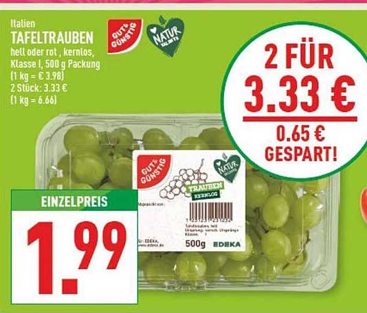 Italien TAFELTRAUBEN hell oder rot, kernlos, Klasse I, 500 g Packung