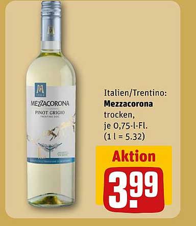 Italien/Trentino: Mezzacorona trocken, je 0,75-l-Fl. (1 l = 5.32)