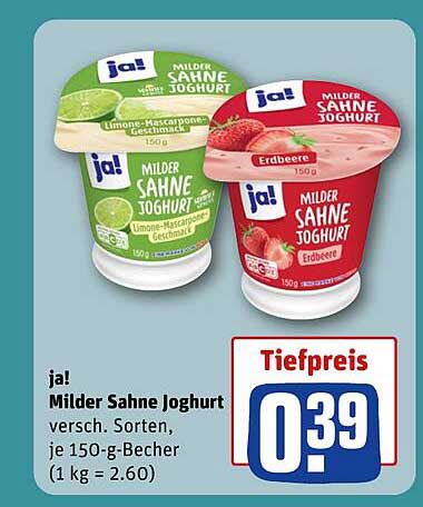 ja! Milder Sahne Joghurt versch. Sorten, je 150-g-Becher (1 kg = 2.60)