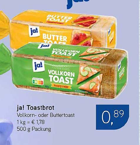 ja! Toastbrot Vollkorn- oder Buttertoast 500 g Packung