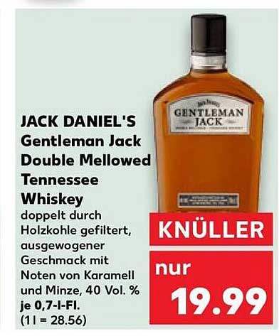 JACK DANIEL'S Gentleman Jack Double Mellowed Tennessee Whiskey doppelt durch Holzkohle gefiltert, ausgewogener Geschmack mit Noten von Karamell und Minze, 40 Vol.% je 0,7-l-Fl. (1 l = 28.56)