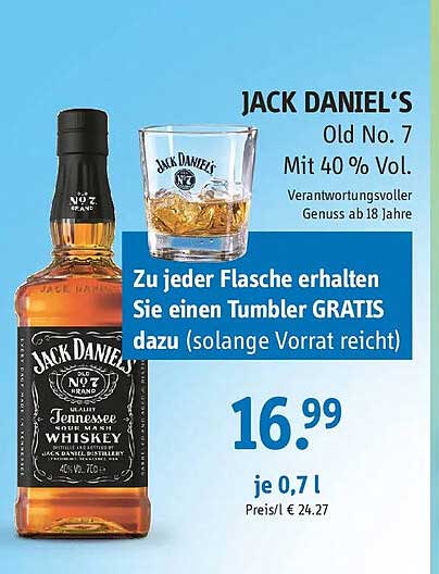 JACK DANIEL´S Old No. 7 Mit 40% Vol. Verantwortungsvolle Genus ab 18 Jahre