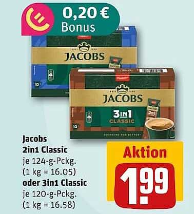Jacobs 2in1 Classic je 124-g-Pckg. (1 kg = 16.05) oder 3in1 Classic je 120-g-Pckg. (1 kg = 16.58)