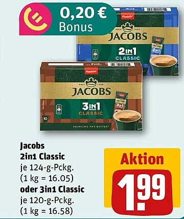 Jacobs 2in1 Classic je 124-g-Pckg. (1 kg = 16.05) oder 3in1 Classic je 120-g-Pckg. (1 kg = 16.58)