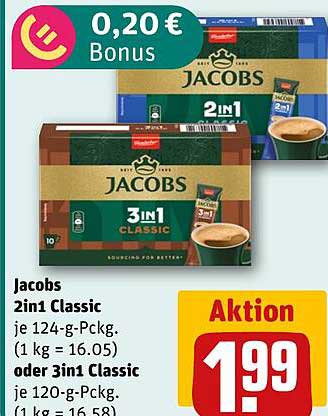 Jacobs 2in1 Classic oder 3in1 Classic je 124-g-Packg. (1 kg = 16.05) oder 3in1 Classic je 120-g-Packg. (1 kg = 16.5)