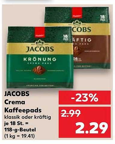 JACOBS Crema Kaffeepads klassik oder kräftig je 18 St. = 118-g-Beutel (1 kg = 19.41)
