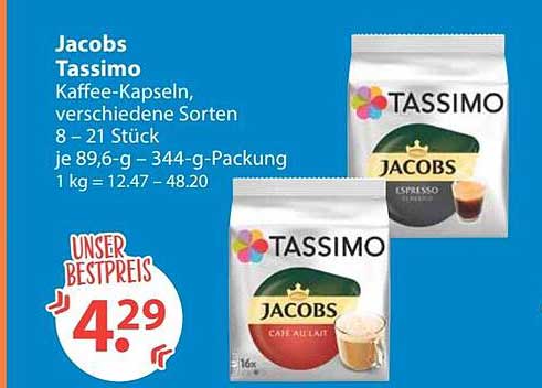 Jacobs Tassimo Kaffee-Kapseln, verschiedene Sorten 8 - 21 Stück je 89,6 - 344-g-Packung 1 kg = 12.47 - 48.20