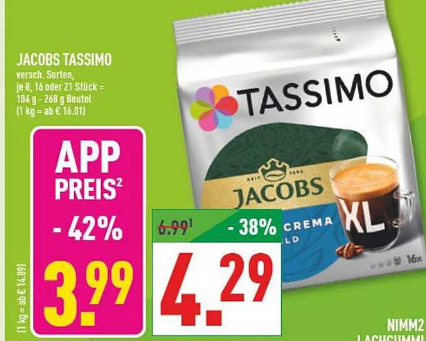 JACOBS TASSIMO versch. Sorten, je 8, 16 oder 21 Stück = 104 g - 268 g Beutel (1 kg = ab € 16.01)
