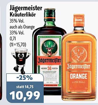 Jägermeister Kräuterlikör 35% Vol. auch als Orange 33% Vol. 0,7l (1l=15,70)