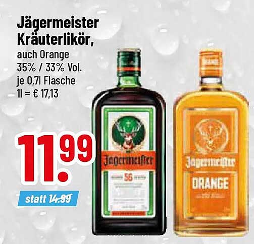 Jägermeister Kräuterlikör, auch Orange 35% / 33% Vol. je 0,7l Flasche 1l = € 17.13