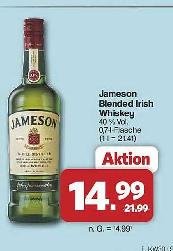 Jameson Blended Irish Whiskey 40 % Vol. 0,7-L-Flasche (1 l = 21,41)