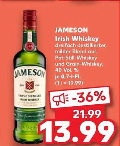JAMESON Irish Whiskey dreifach destillierter, milder Blend aus Pot-Still-Whiskey und Grain-Whiskey, 40 Vol. % je 0,7-l-Fl. (1 l = 19.99)