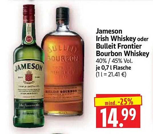 Jameson Irish Whiskey oder Bulleit Frontier Bourbon Whiskey