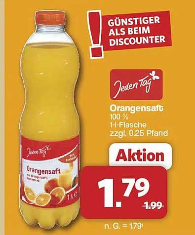 Jeden Tag Orangensaft 100 % 1-L-Flasche zzgl. 0.25 Pfand
