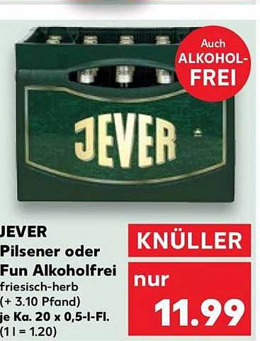 JEVER Pilsener oder Fun Alkoholfrei friesisch-herb (+ 3.10 Pfand) je Ka. 20 x 0,5-l-Fl. (1 l = 1.20)