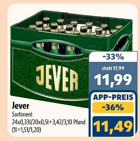 Jever Sortiment 24x0,33l/20x0,5l + 3,42/3,10 Pfand (1l = 1,51/1,20)