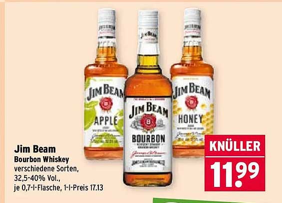 Jim Beam Bourbon Whiskey verschiedene Sorten, 32,5-40% Vol., je 0,7-l-Flasche, 1-l-Preis 17.13
