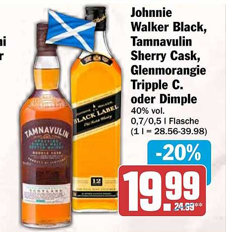 Johnnie Walker Black, Tamnavulin Sherry Cask, Glenmorangie Tripple C. oder Dimple