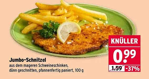 Jumbo-Schnitzel aus dem mageren Schweineschinken, dünn geschnitten, pfannenfertig paniert, 100 g