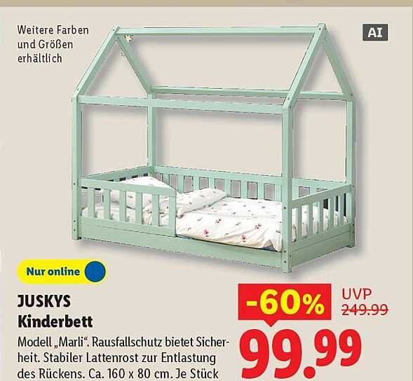 JUSKYS Kinderbett Modell „Marli“. Rausfallschutz bietet Sicherheit. Stabiler Lattenrost zur Entlastung des Rückens. Ca. 160 x 80 cm. Inkl. Lattenrost. B/H/T: ca. 165 x 168 x 86 cm.