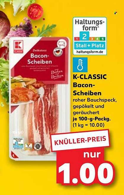 K-CLASSIC Bacon-Scheiben roher Bauchspeck, gepökelt und geräuchert je 100-g-Pack. (1 kg = 10.00)