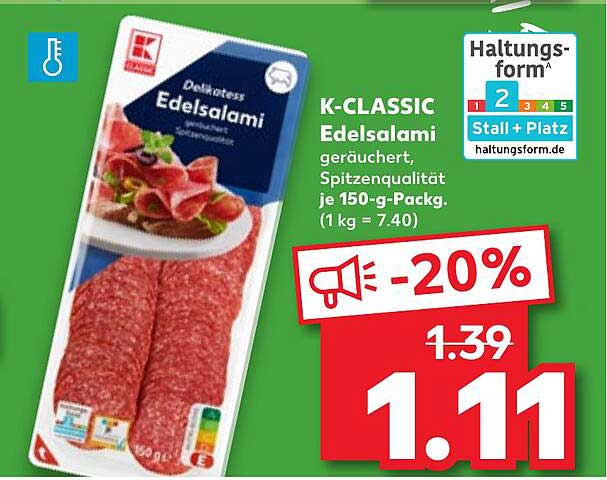 K-CLASSIC Edelsalami geräuchert, Spitzenqualität, je 150-g-Packg. (1 kg = 7.40)