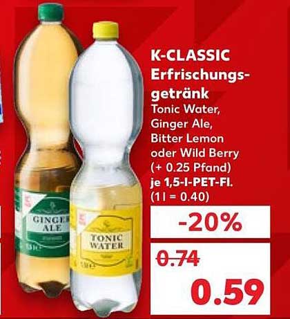 K-CLASSIC Erfrischungsgetränk Tonic Water, Ginger Ale, Bitter Lemon oder Wild Berry (+ 0.25 Pfand) je 1,5-l-PET-Fl. (1 l = 0.40)