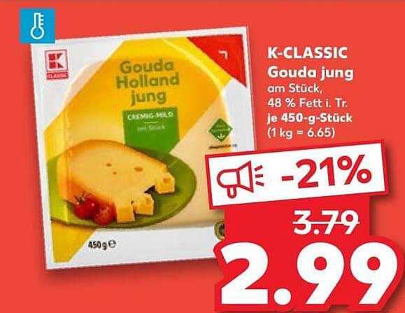 K-CLASSIC Gouda jung am Stück, 48 % Fett i. Tr., je 450-g-Stück