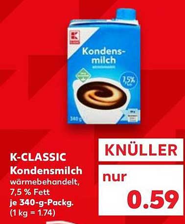 K-CLASSIC Kondensmilch wärmebehandelt, 7,5 % Fett je 340-g-Packg. (1 kg = 1.74)