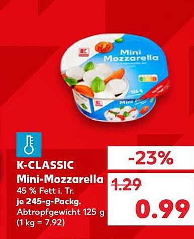 K-CLASSIC Mini-Mozzarella 45 % Fett i. Tr. je 245-g-Packg. Abtropfgewicht 125 g (1 kg = 7.92)