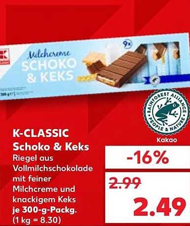 K-CLASSIC Schoko & Keks Riegel aus Vollmilchschokolade mit feiner Milchcreme und knackigem Keks je 300-g-Packg. (1 kg = 8.30)