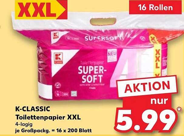K-CLASSIC Toilettenpapier XXL 4-lagig je Großpackg. = 16 x 200 Blatt