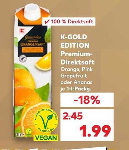K-GOLD EDITION Premium-Direktsaft Orange, Pink Grapefruit oder Ananas je 1-l-Packg.