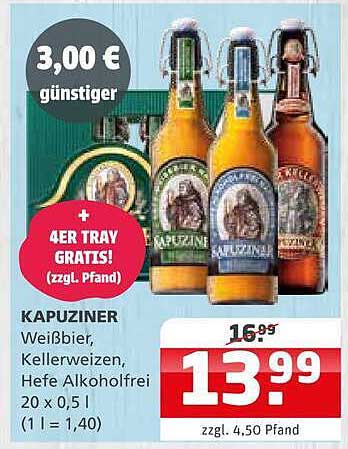 KAPUZINER Weißbier, Kellerweizen, Hefe Alkoholfrei 20 x 0,5 l (1 l = 1,40)