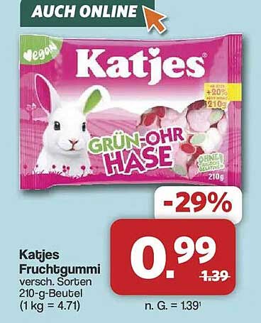 Katjes Fruchtgummi versch. Sorten 210-g-Beutel (1 kg = 4.71)
