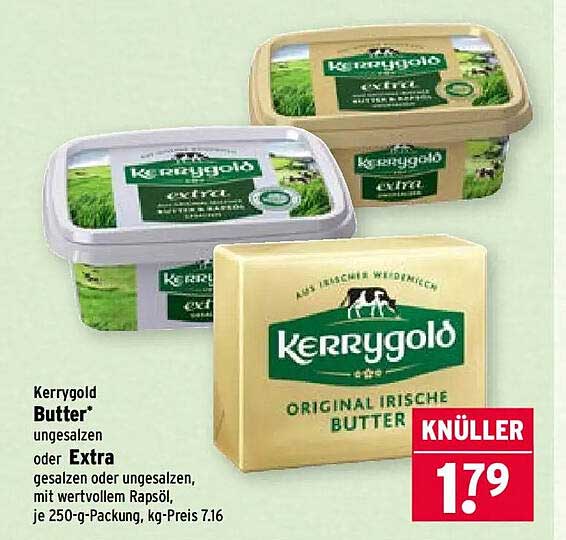 Kerrygold Butter* ungesalzen oder Extra gesalzen oder ungesalzen, mit wertvollem Rapsöl, je 250-g-Packung, kg-Preis 7.16