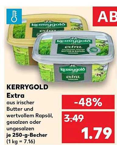 KERRYGOLD Extra aus irischer Butter und wertvollem Rapsöl, gesalzen oder ungesalzen je 250-g-Becher (1 kg = 7.16)