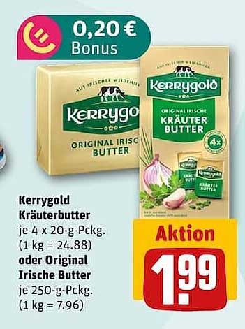 Kerrygold Kräuterbutter je 4 x 20-g-Pckg. (1 kg = 24.88) oder Original Irische Butter je 250-g-Pckg. (1 kg = 7.96)