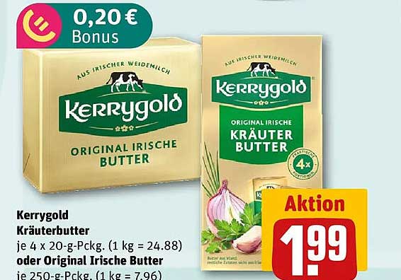 Kerrygold Kräuterbutter je 4 x 20-g-Pckg. (1 kg = 24,88) oder Original Irische Butter je 250-g-Pckg. (1 kg = 7,96)