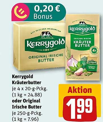 Kerrygold Kräuterbutter je 4 x 20-g-Pckg. (1 kg = 24.88) oder Original Irische Butter je 250-g-Pckg. (1 kg = 7.96)