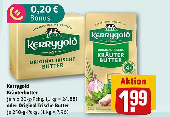Kerrygold Kräuterbutter je 4 x 20-g-Pckg. (1 kg = 24.88) oder Original Irische Butter je 250-g-Pckg. (1 kg = 7.96)